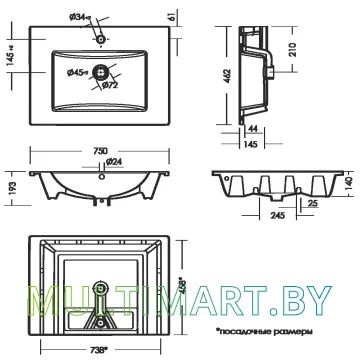 Умывальник Sanita Luxe Quadro 75 75x46.5 картинка 7